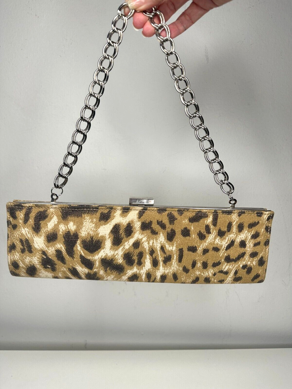 Vintage Fashion Express Leopard-Print Slim Clutch Silver Chain Strap Black Lined